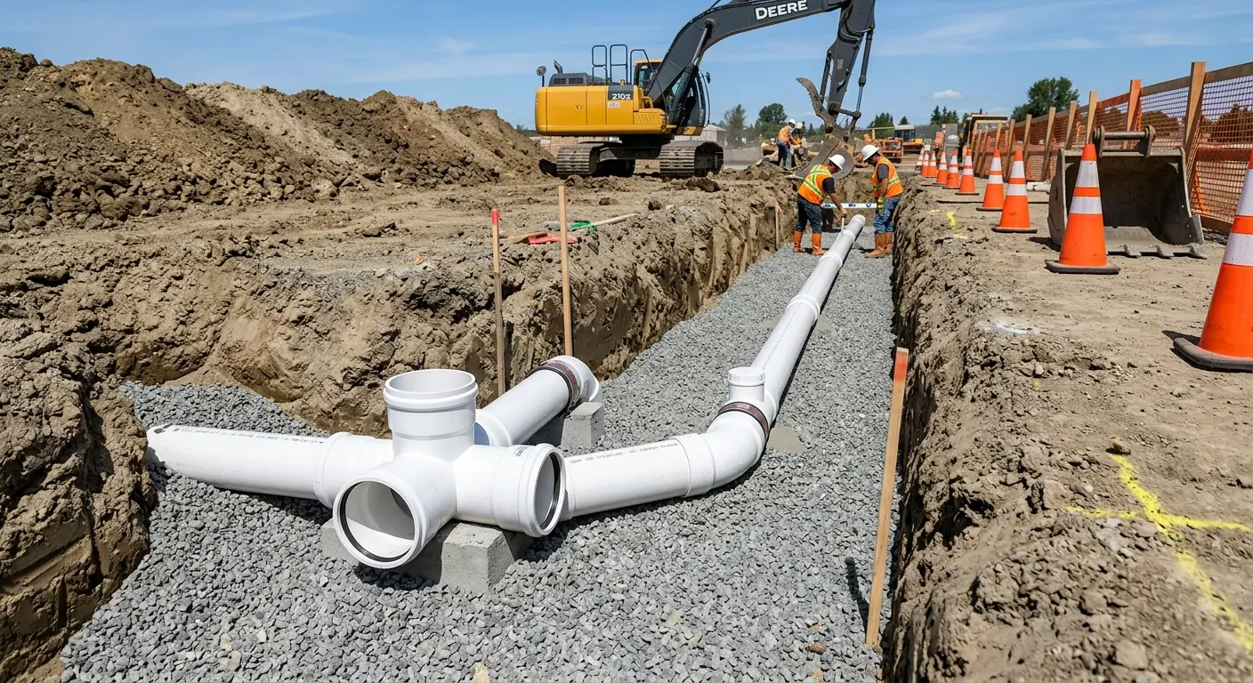 New PVC sewer pipe installation in open trench for Commercial Drain Cleaning in Howard