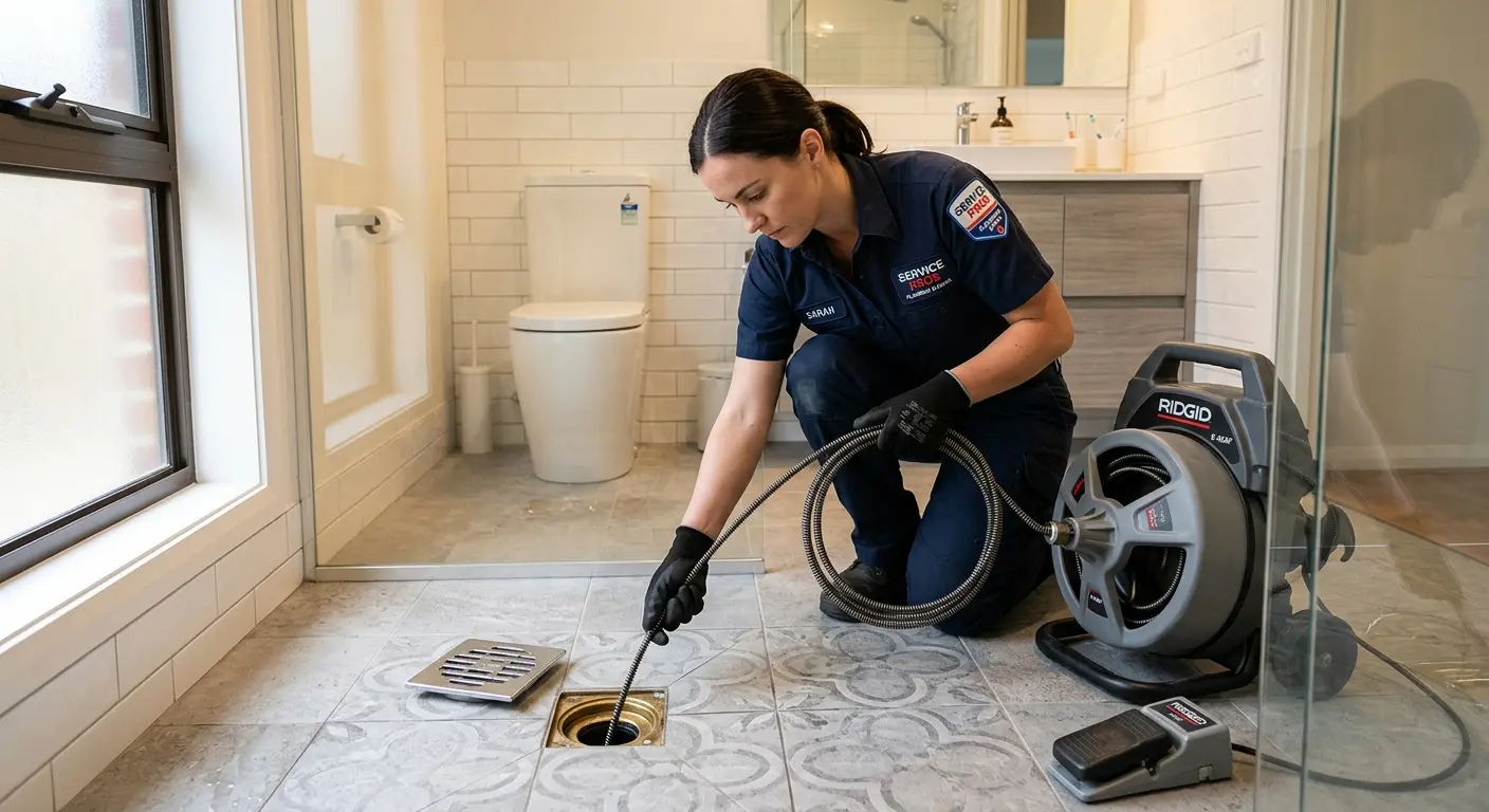 Technician clearing a bathroom floor drain for Sewer Line Installation in Howard